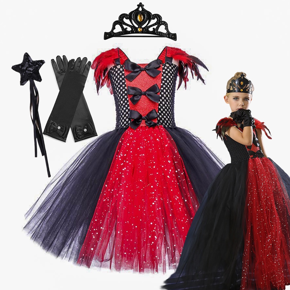 Girls Vampire Cosplay Dress Sequins Tulle Gown Feather Elegant Vestido Party 2023 Halloween Costume Fantasia Princess Clothes