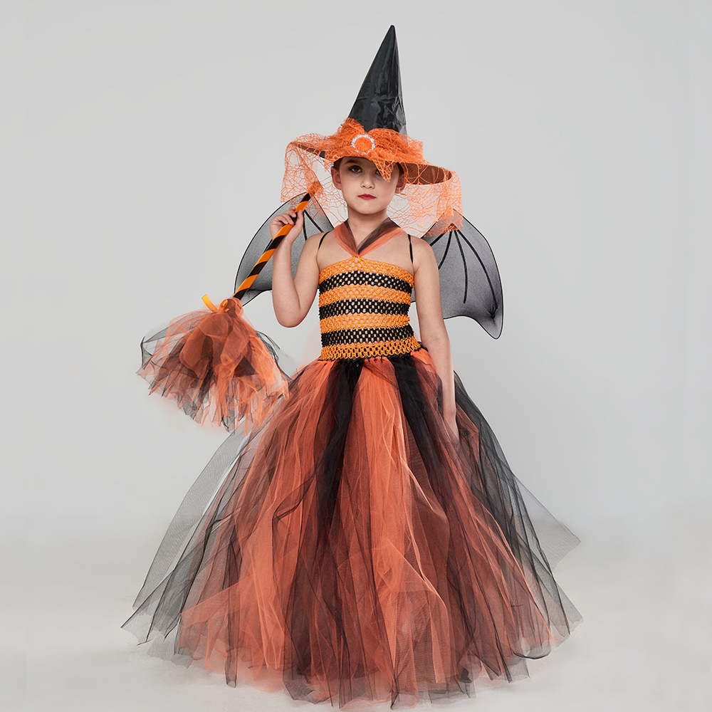 Black Orange Girls Creepy Witch Tutu Dress Jackolantern Pumpkin Inspired Halloween Costume Kids Fancy Carnival Party Dresses