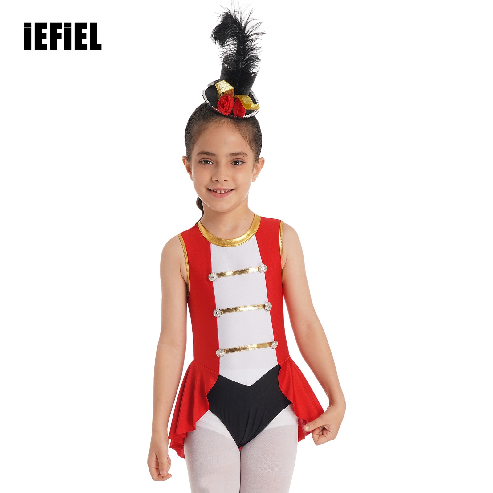 Kids Girls Circus Dress Up Costume Sleeveless Back Hollow Out Vintage Buttons Adorned Color Contrast Cosplay Jumpsuit