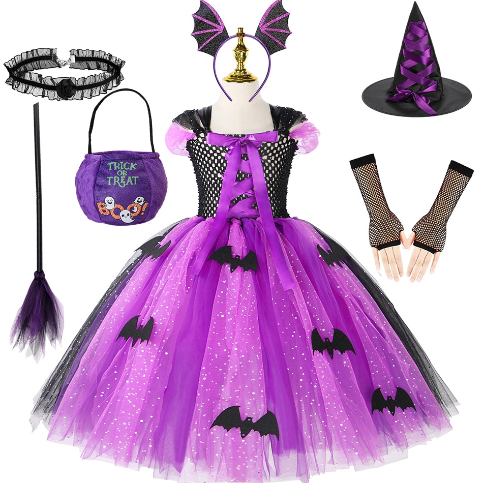 2023 Halloween Tutu Dress for Girl Witch Cosplay Gown Sequins Fansy Clothes Children Party Carnival Costume Bat Print Hat Broom