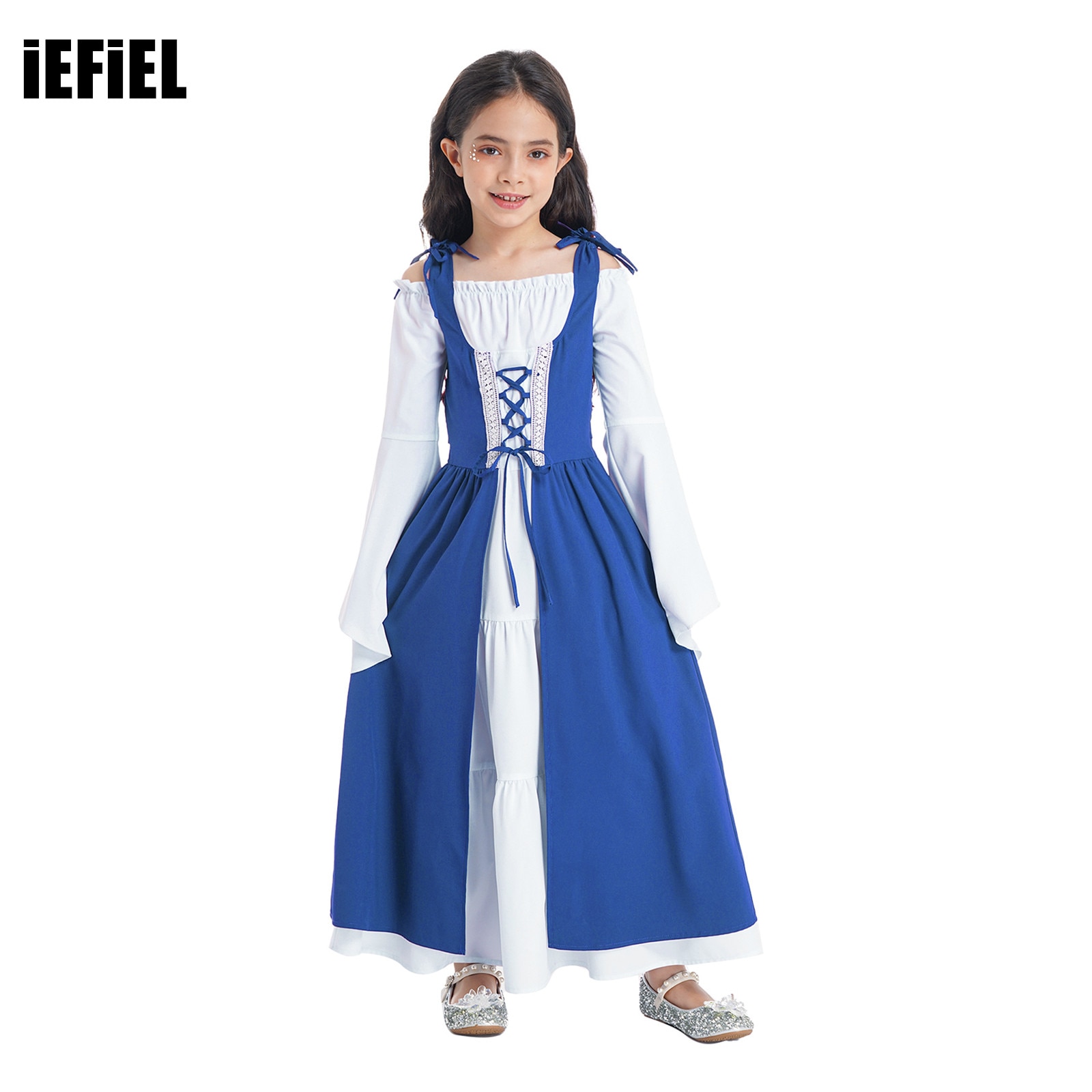 Kids Girls Medieval Renaissance Style Dress Up Costumes Square Neck Long Flare Sleeve Adjustable Lace-up Gown Dress