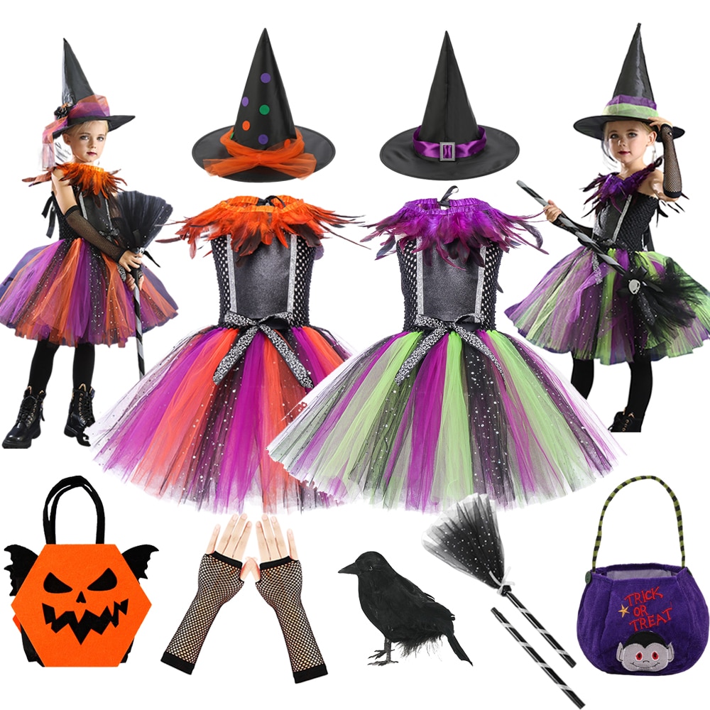 Halloween Party Children Witch Cosplay Costume Girls Feather Collar Sequin Tulle Ballet Tutu Dress Witch Broom Hat Candy Bag