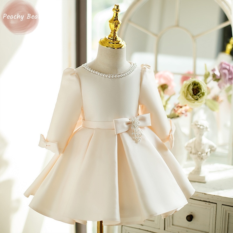 Newborn Girl Princess Pearl Dress Long Sleeve Infant Toddler Child Bow Vestido Wedding Party Birthday Baby Clothes 12M-14Y