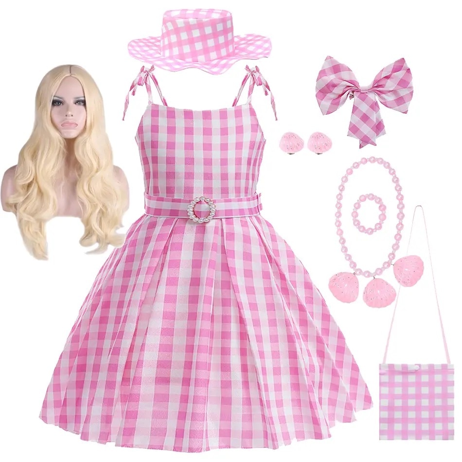 Movie Barbie Princess Cosplay Costume For Girls Pink Plaid Kids Halloween Carnival Party Role Play Barbie Clothes Disguise