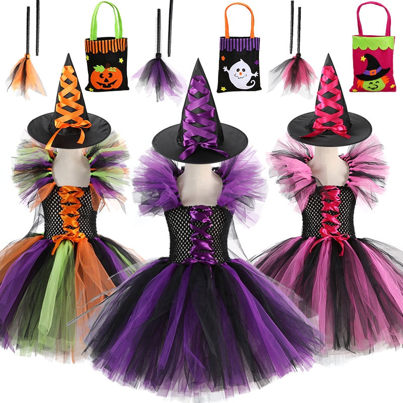 Children Halloween Cosplay Fluffy Witch Dress for Girls Role Play Demon Ghost Vampire Masquerade Stage Performance Party Costume
