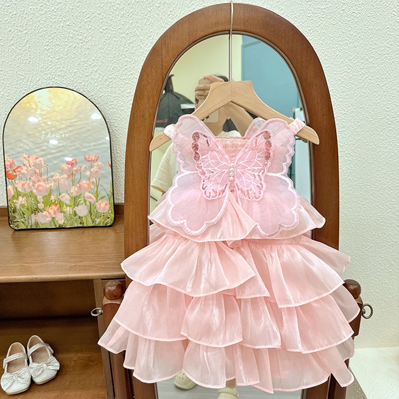 Wedding Party Dress for Girls Kids Cute Princess Butterfly Short Evening Gowns Children Luxury Pageant Layered Dresses Pink Blue