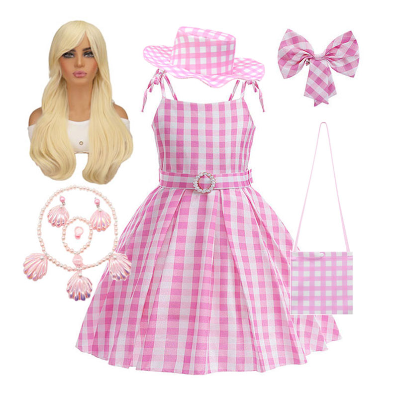 2023 Hot Movie Barbi Cosplay Costume For Girls Pink Plaid Children Clothing Halloween Carnival Birthday Party Dress Up