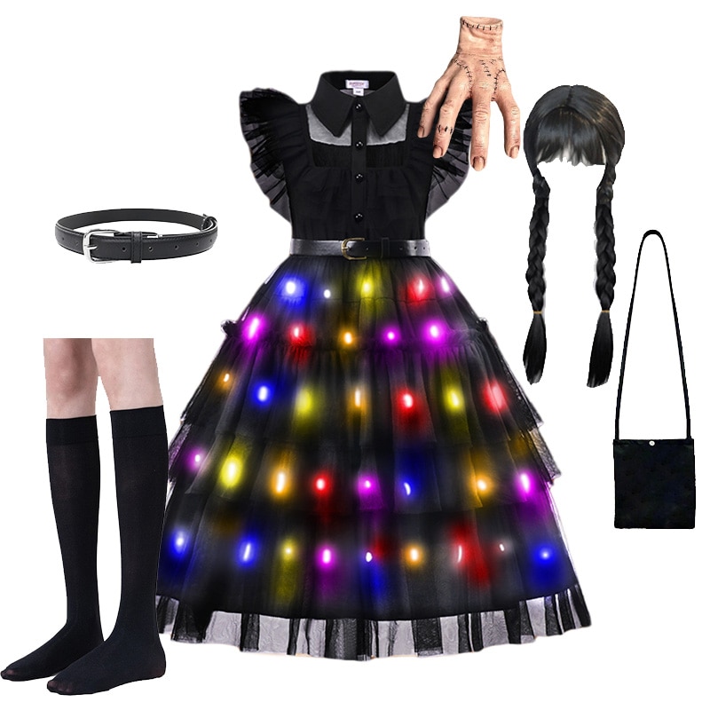 LED Light up Wednesday Cosplay For Girl Costume 2023 New Vestidos For Kids Girls Mesh Party Dresses Halloween Carnival Costumes
