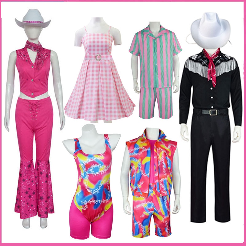 Movie Barbi Cosplay Costume For Girl Women Family Hot Starry Pink Plaid Dress Top Pants Jumpsuits Halloween Party Dresses