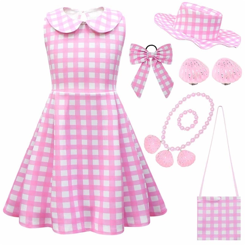 2023 Hot Movie Barbie Theme Cosplay Costume for Girls Barbie Pink Plaid Dress Birthday Halloween Carnival Party Vestidos 3-10Yrs