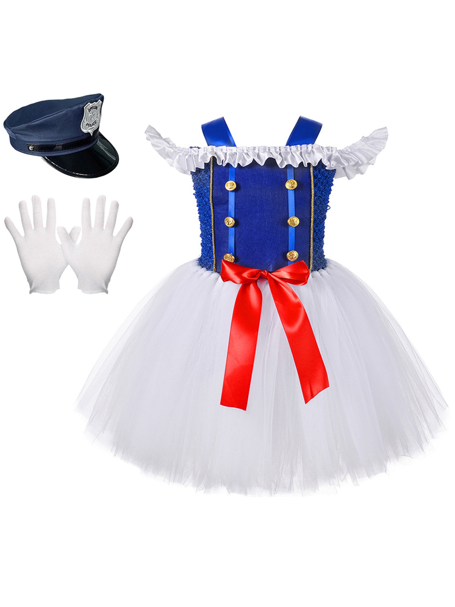 Halloween Kids Girls Navy Police Dress-Up 3-Piece Cosplay Costumes Off-Shoulder Ruffle Tulle Dress Hat And Gloves Festivals Club