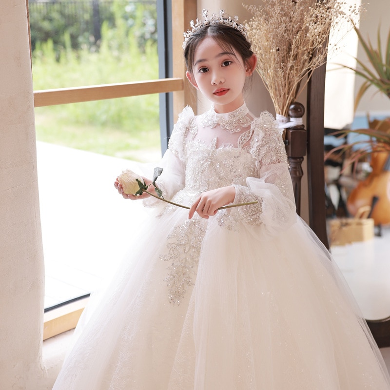 New Beading Fluffy Flower Girl Dress Lace Embroidered Wedding Princess Dress Host Performance Costume Skirt Evening Dresses