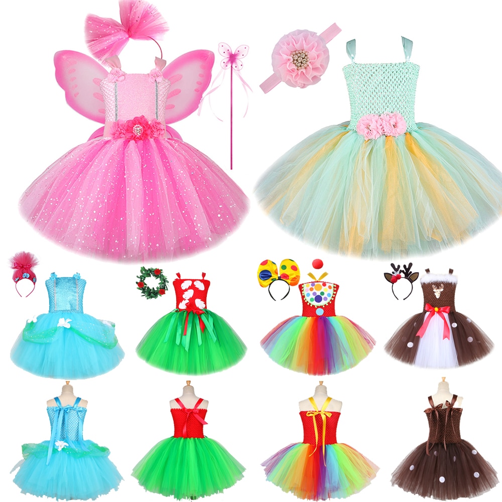 Pink Tutu Dress for Girls Clown Halloween Costumes for Kids Children Up Sling Bow Flower Wings Lace Headband Party Outfit