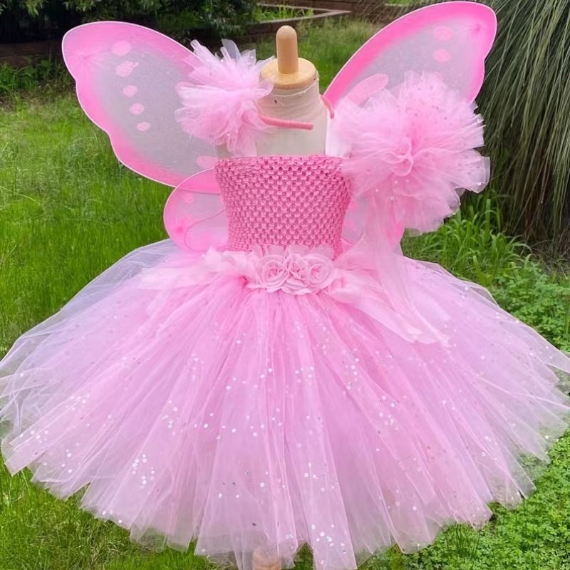 Sparkly Pink Fairy Tutu Dress with Wing Set Birthday Party Girls Baby Costumes Photograph Fairy Pink Tutu Dress for Party