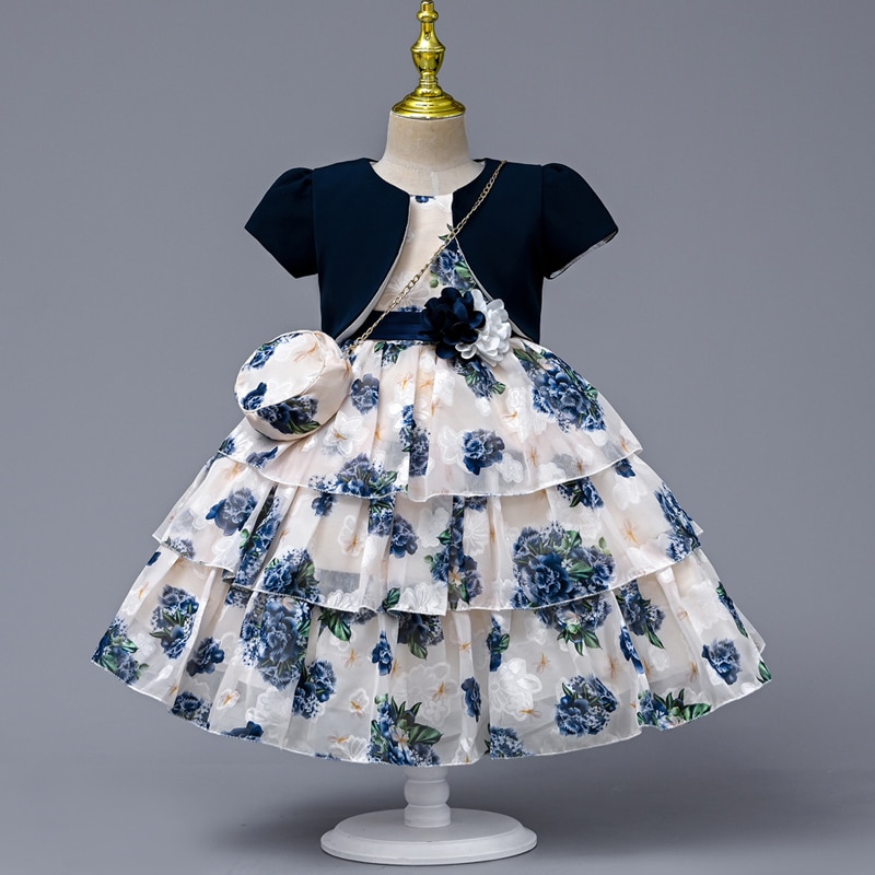 Flower Girls Cute Princess Ball Gown Short Tulle Dress Kids for Birthday Party Luxury Evening Pageant Dresses Blue Children Eid