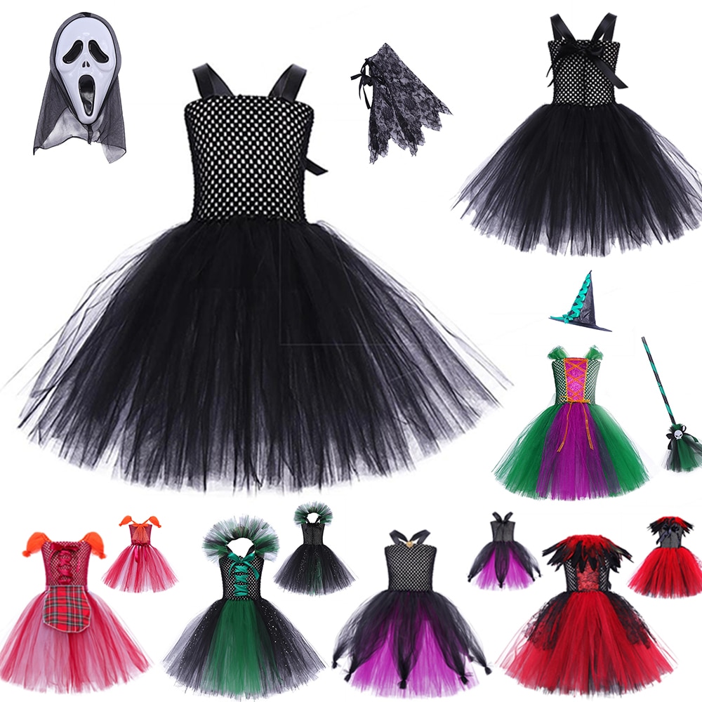Vampire Costume Set for Girls Halloween Cosplay Dress Up Party Clothing for Kids Black Witch Tulle Tutu Long Dress Set Hat Broom