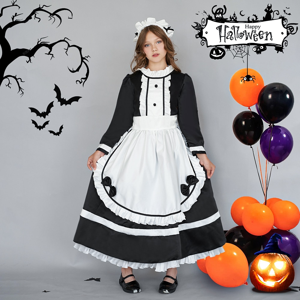 Lolita Maid Cosplay Dress For Kids Girls Children Halloween Costume Long Sleeve Performance Girl Princess Wedding Party Dresses