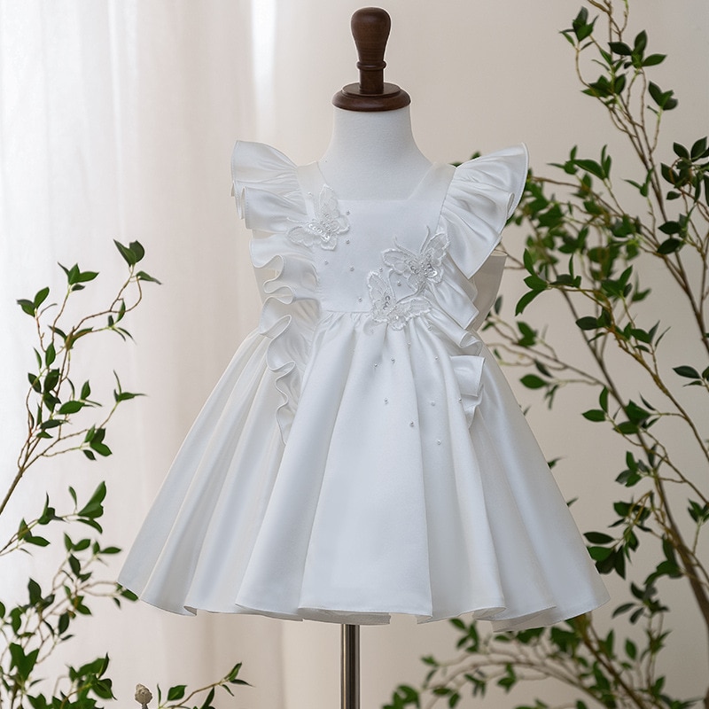 2023 Baby Girl Flower Elegant Dress Kids Bridemaid Wedding Dresses Children White Big Bow Ball Gowns Girls Party Frocks Vestido