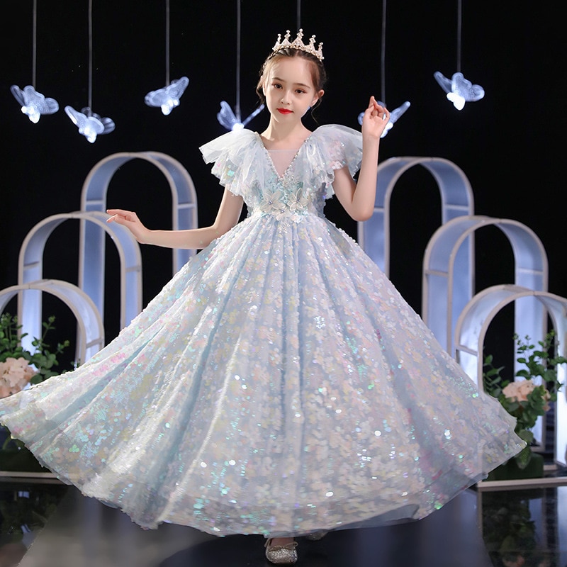 2023 Kids Luxury Shiny Princess Dress Girls Party Ball Gowns Children Clothing Wedding Bridesmaid Evening Dresses Prom Vestidos