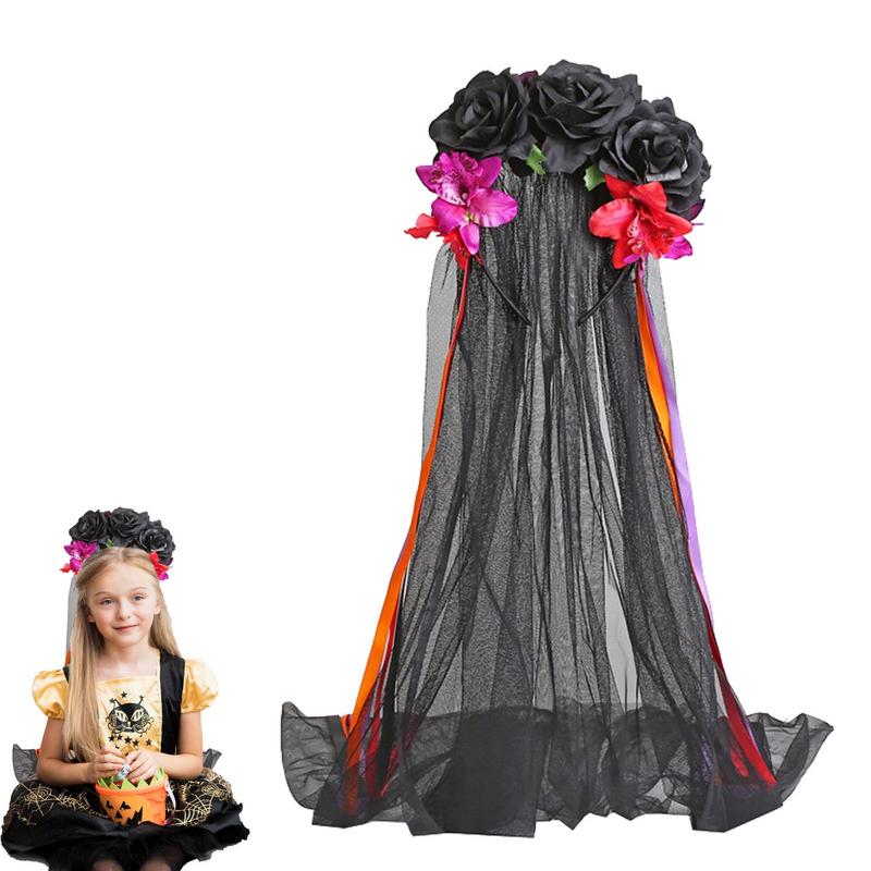 Halloween Flower Headpiece Costume Rose Mexican Flower Headband Rose Floral Crown Veil Halloween Costume Mexican Headband Day Of