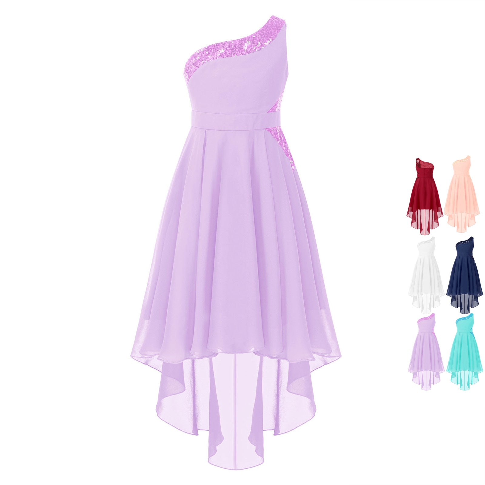 Flower Girl Dress Kid Wedding Birthday Party Dress Elegant Shiny Sequin One Shoulder Hi-Lo Chiffon First Communion Princess Gown