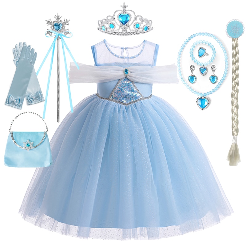 Disney Frozen Girls Cosplay Elsa Dress Blue Sequined Mesh Ball Gown Carnival Party Birthday Off-The-Shoulder Princess Costumes