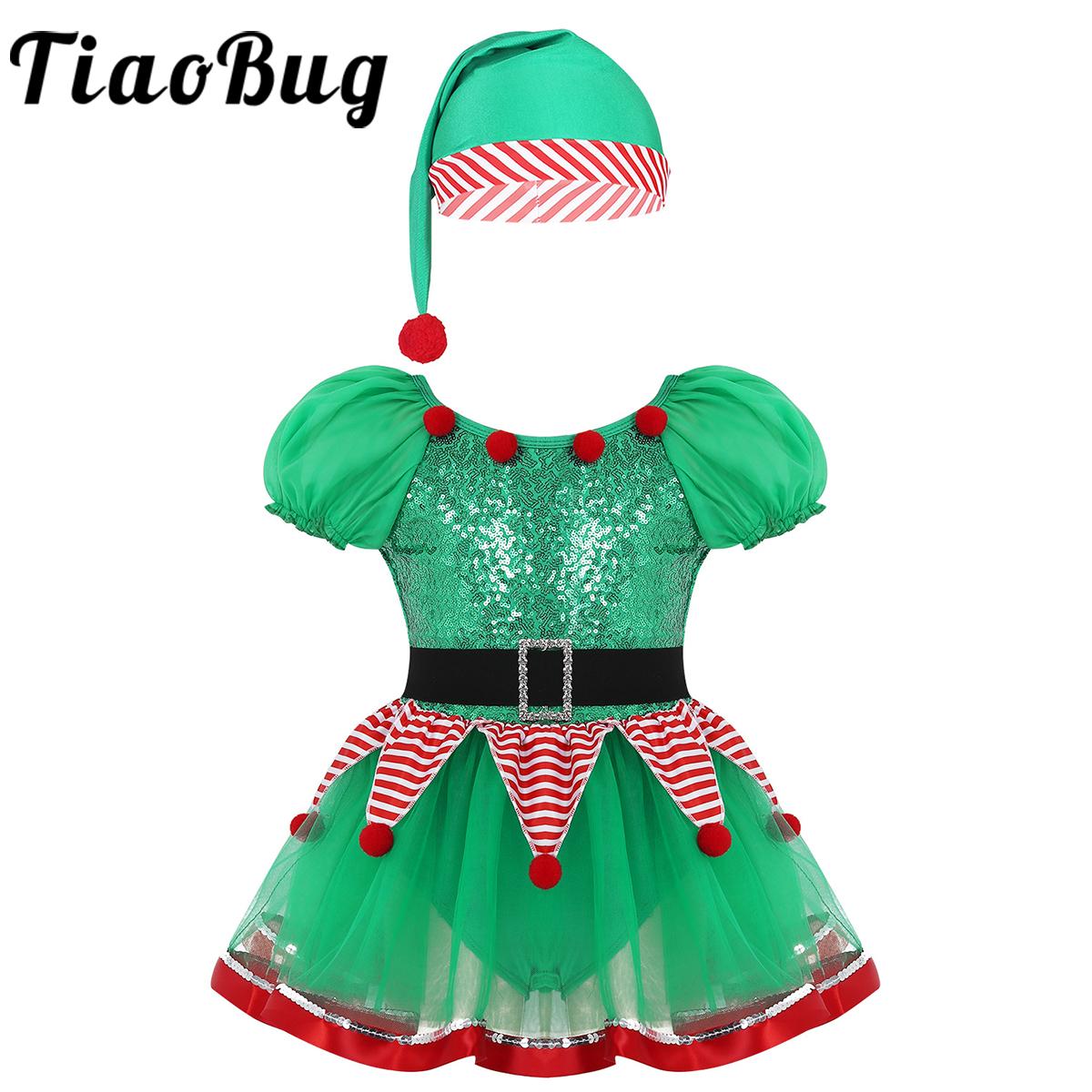 Kids Girls Elf Christmas Fairy Spirit Costume Sequined Striped Mesh Tutu Leotard Dress Carnival Theme Party Cosplay Dancewear