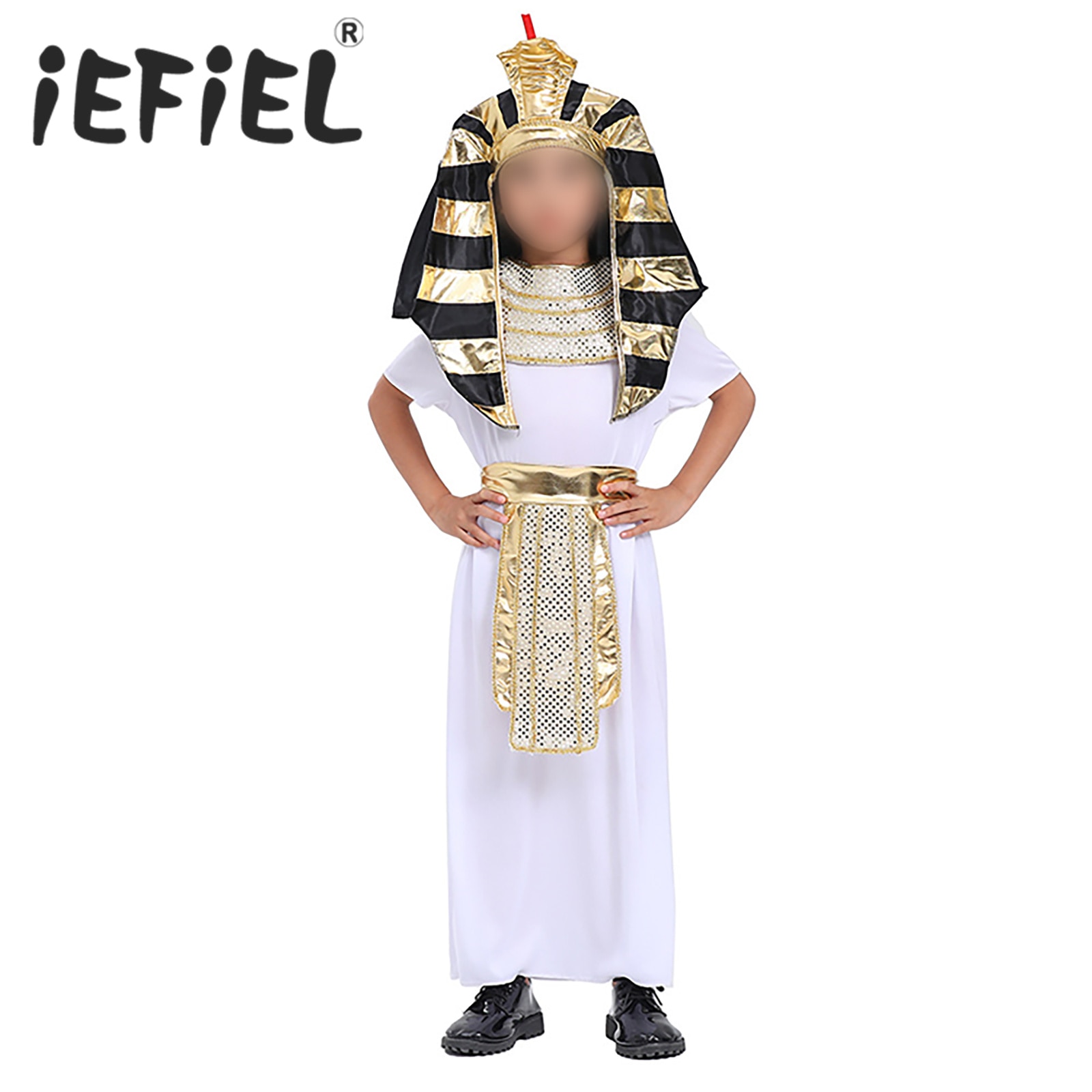 Kids Boys Halloween Cosplay Costume Suit Acient Egyptian Pharaoh King Robe with Fake Collar Waistband and Headwear Roleplay Set