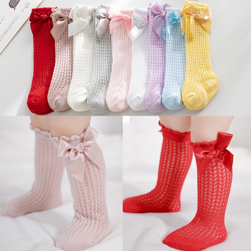 Infant Baby Girls Long Stockings Princess Solid Color Cute Bowknot Breathable Loose Mouth Socks Hollow Out Socks For 1-2Y Baby