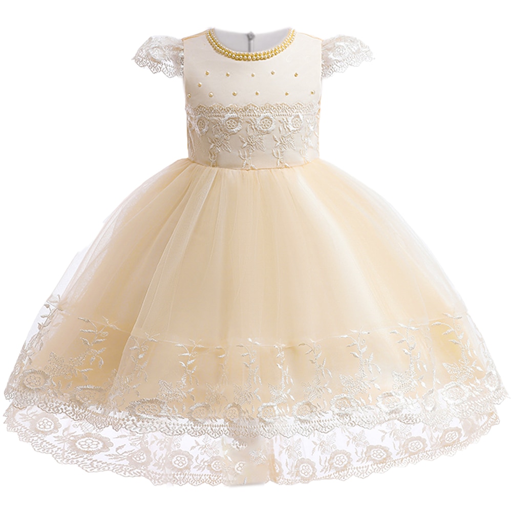 Elegant Embroidery Evening Party Girl Dress Lace Beaded Kids Princess Dress for Girl Pageant Ceremony Wedding Trailing Prom Gown