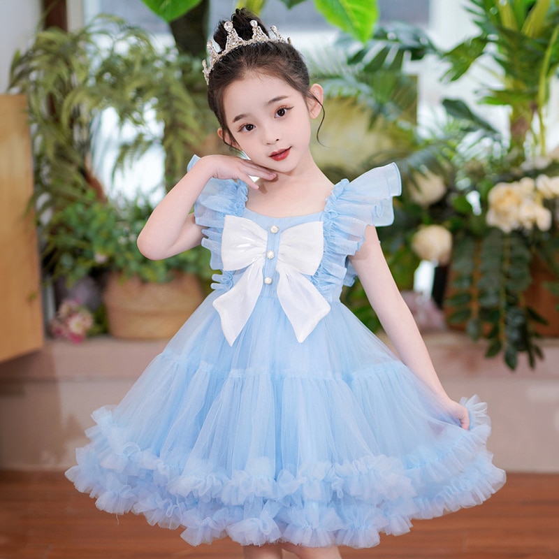 Toddler Girl Party Birthday Dresses for Wedding Bridemaid Kids Pink Blue Tulle Short Evening Gown Children Princess Luxury Dress