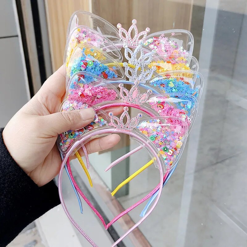 10pcs Children Princess Sequin Cartoon Kids Hair Cat Ears Headband Baby Girls Hairbands Accessories Scrunchie Christmas Gift