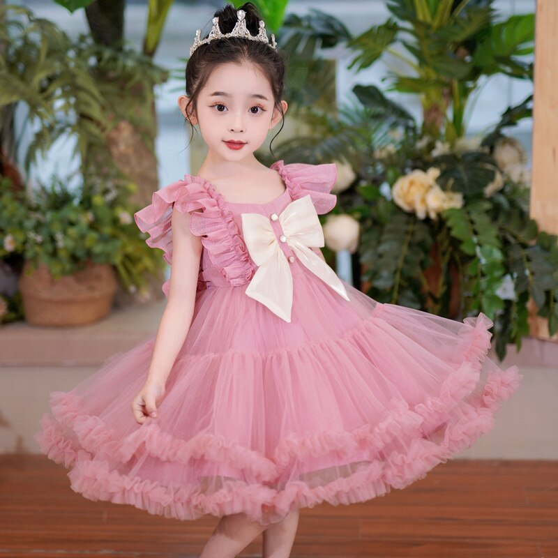 Toddler Girl Pink Blue Dresses Party and Wedding Tulle Short Evening Gown Bow Children Princess Luxury Pageant Knee Length Dress