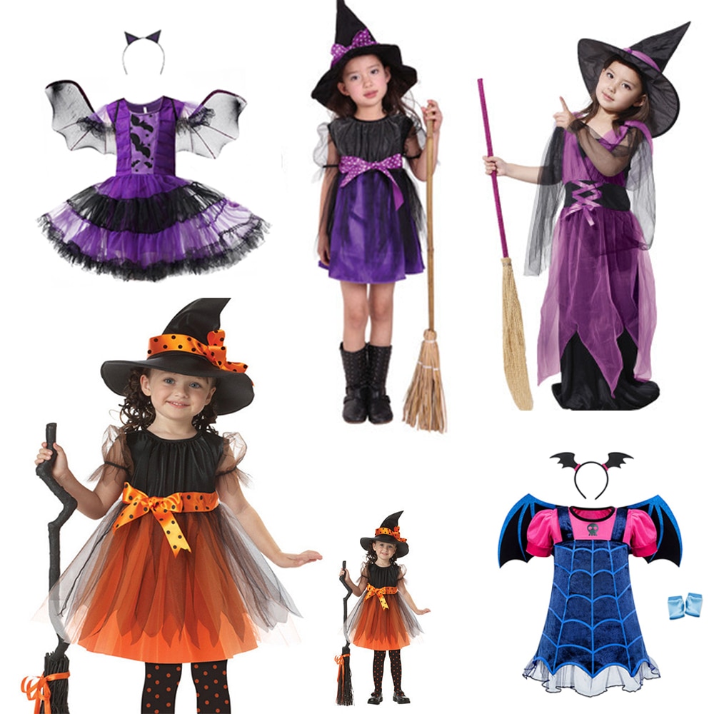 Halloween Costume for Kids Girls Scary Vampire Devil Witch Costume Fancy Cosplay Dress with Hat Carnival Party Gift