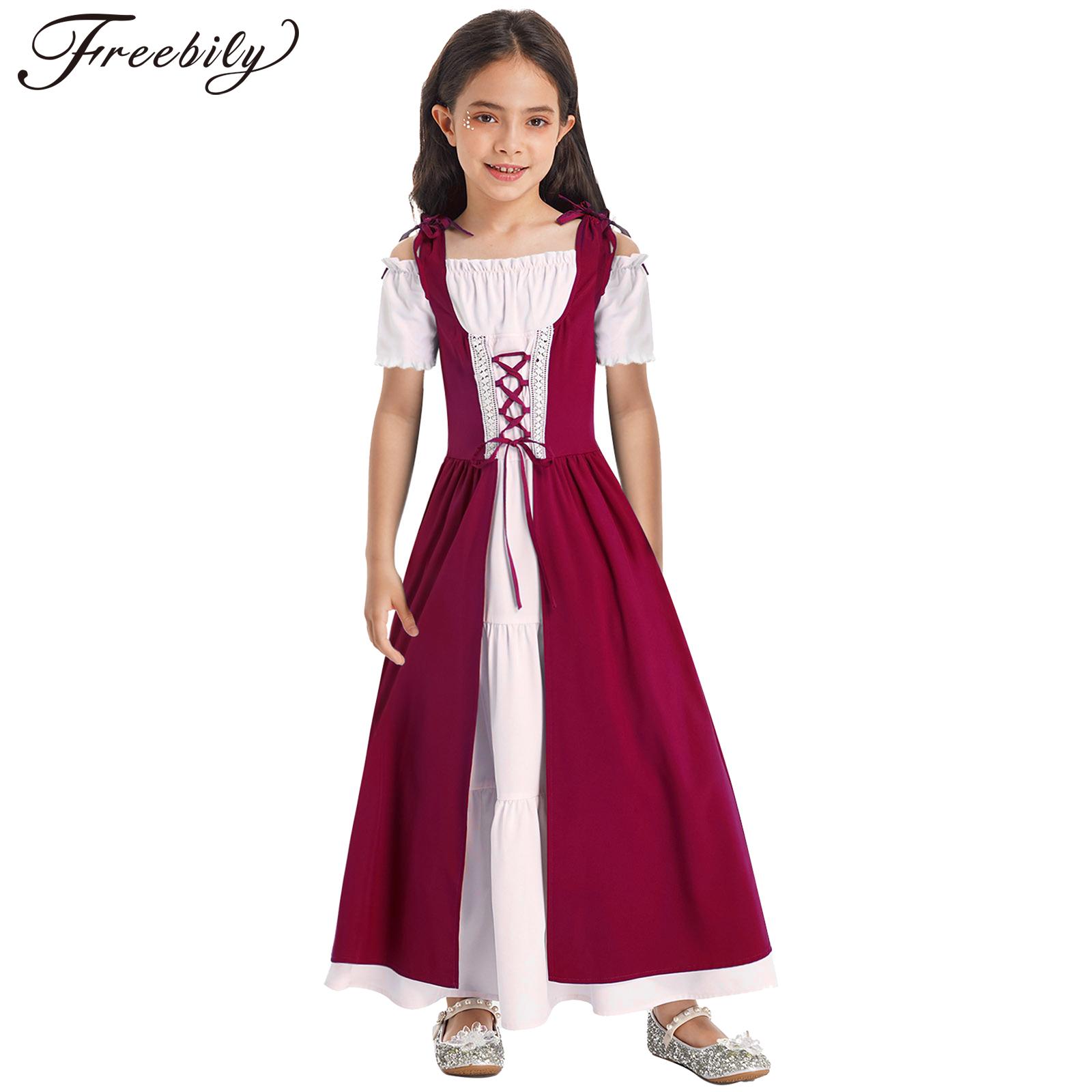 Kids Girls Medieval Renaissance Costume Dresses Short Sleeve Lace-up High Waist Dress for Halloween Carnival Party Dress Up