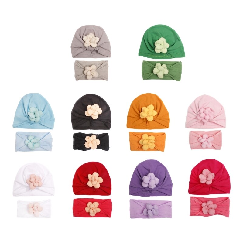 2Pcs/Set Baby Flower Headband and Hat Infant Headwrap Girls Turban Beanie Cap