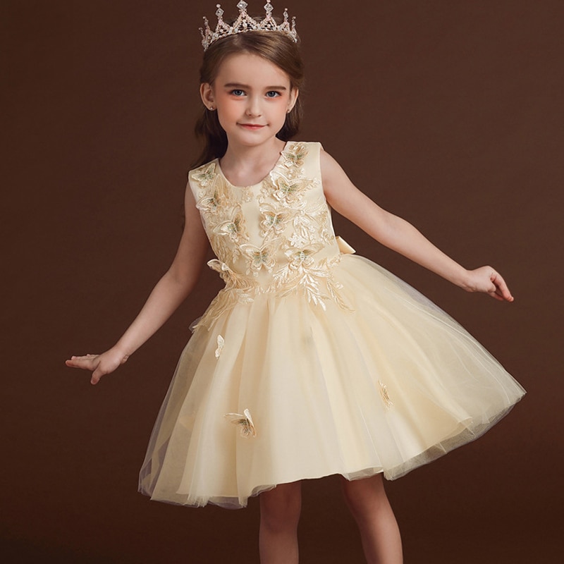 Champagne Luxury Birthday Party Dress for Kids Girls Weddings Bridesmaid Short Evening Gowns Children Princess Pageant Dresses