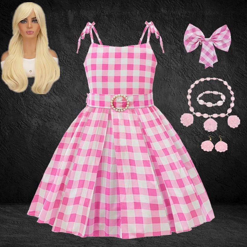 Barbie Cosplay Costume for Baby Girl Halloween Carnival Fancy Dress Up Child Clothes Sling Plaid Pink Party Princess Dress