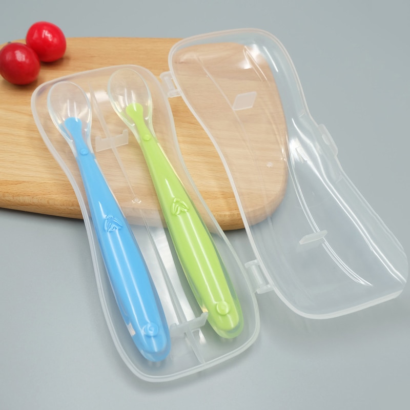 2Pcs Silicone Spoon Set Baby Learning to eat Training Spoon Baby Silicone Soft Spoon PP Plastic Box Children's Tableware Bo