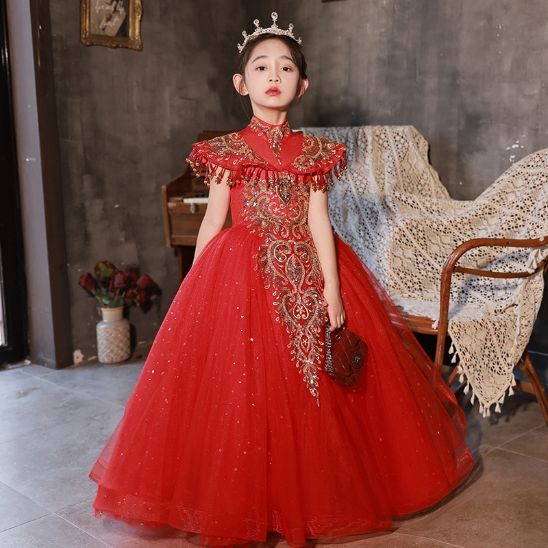 Red high-end Party Evening Wedding Dress for Girls Flower Ball Gown Birthday Princess Banquet Summer Kids Sequins Long Dress