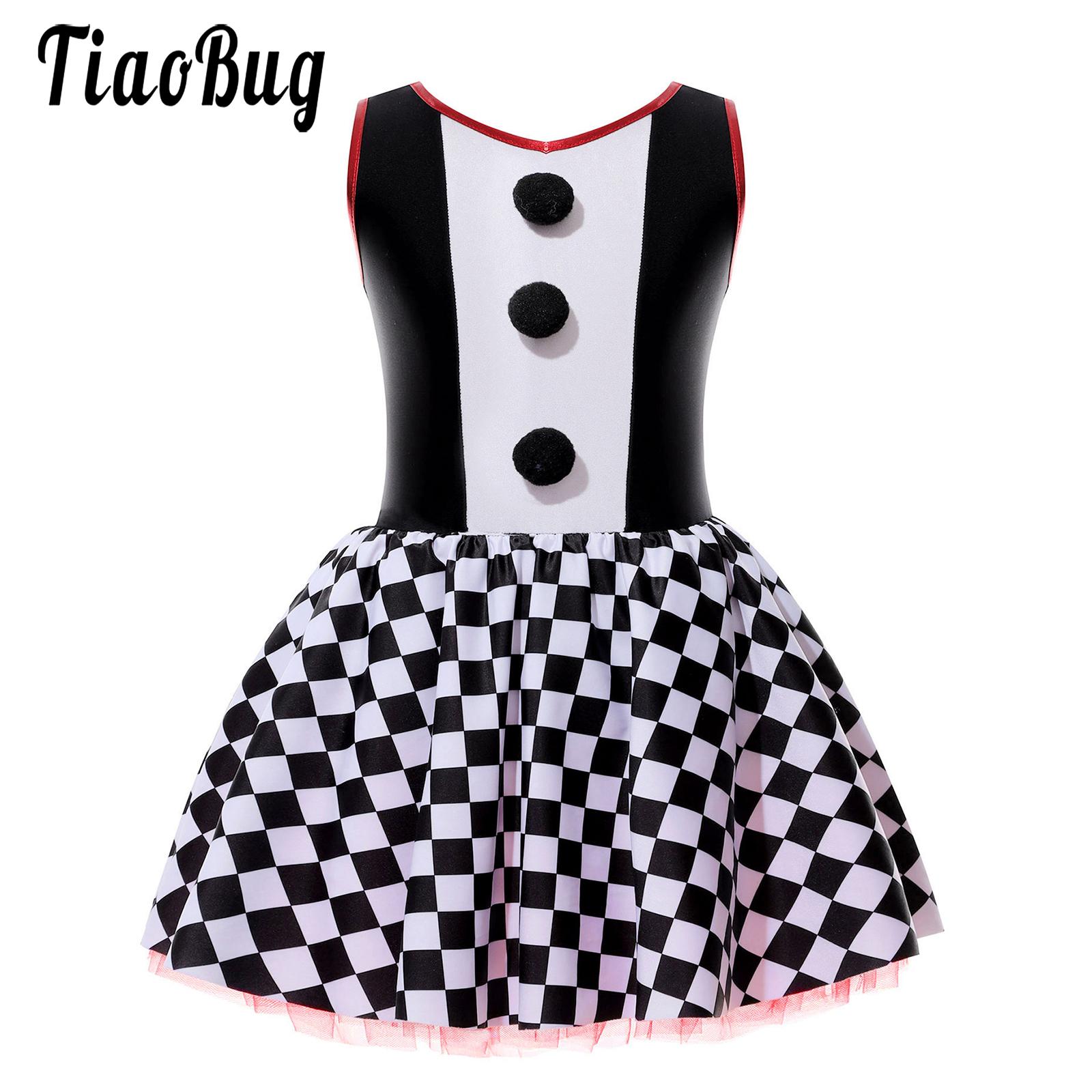 Children Girls Clown Costumes Outfit Sleeveless Checkerboard Tutu Leotard Dress for Halloween Christmas Cosplay Party Dress Up