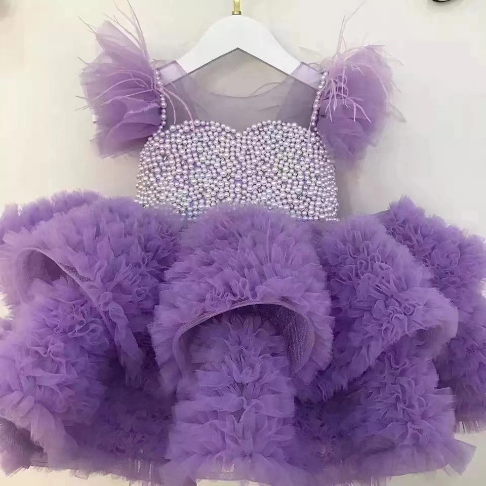 1-12year old Kids Dress for Girls Wedding Beaded feather Girl Dress Princess Party Pageant Formal Gown For Teen Children Dress