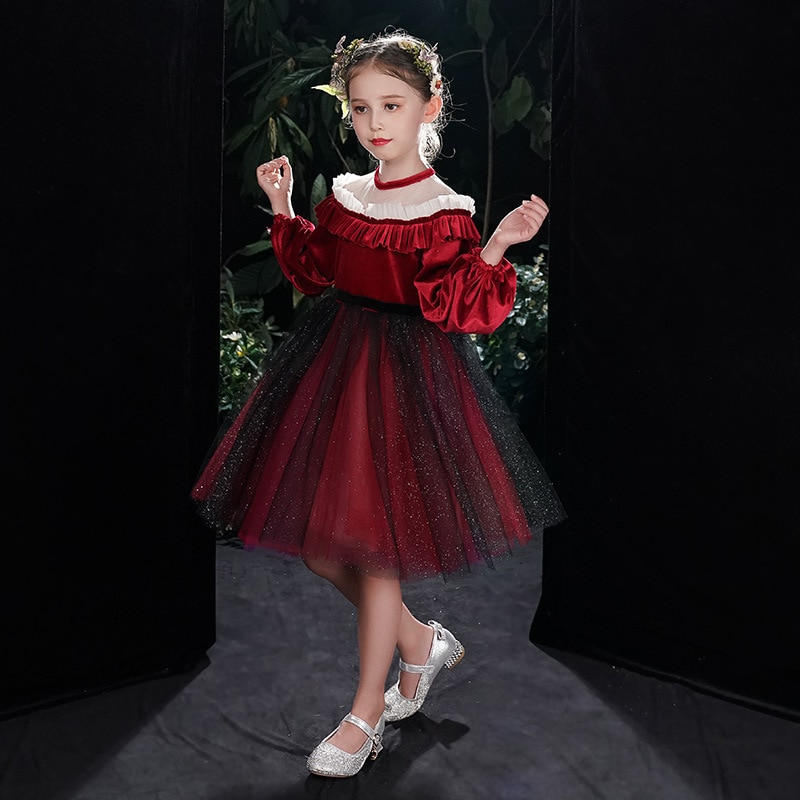 New Burgundy Flower Girl Dress for Wedding Long Sleeve Children Costume Girls Party Evening Prom Dresses Kids Christmas Clothing