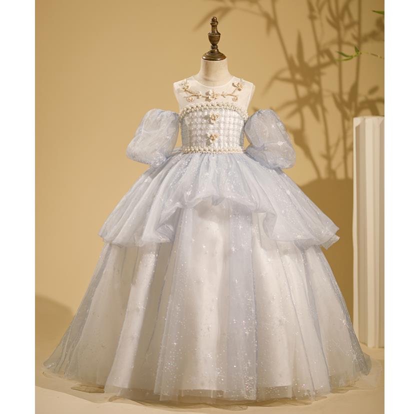 High-End Children's Prom Evening Gown Bow Pearls Design Kids Catwalk Birthday Party Wedding Girl's Princess Dress Vest