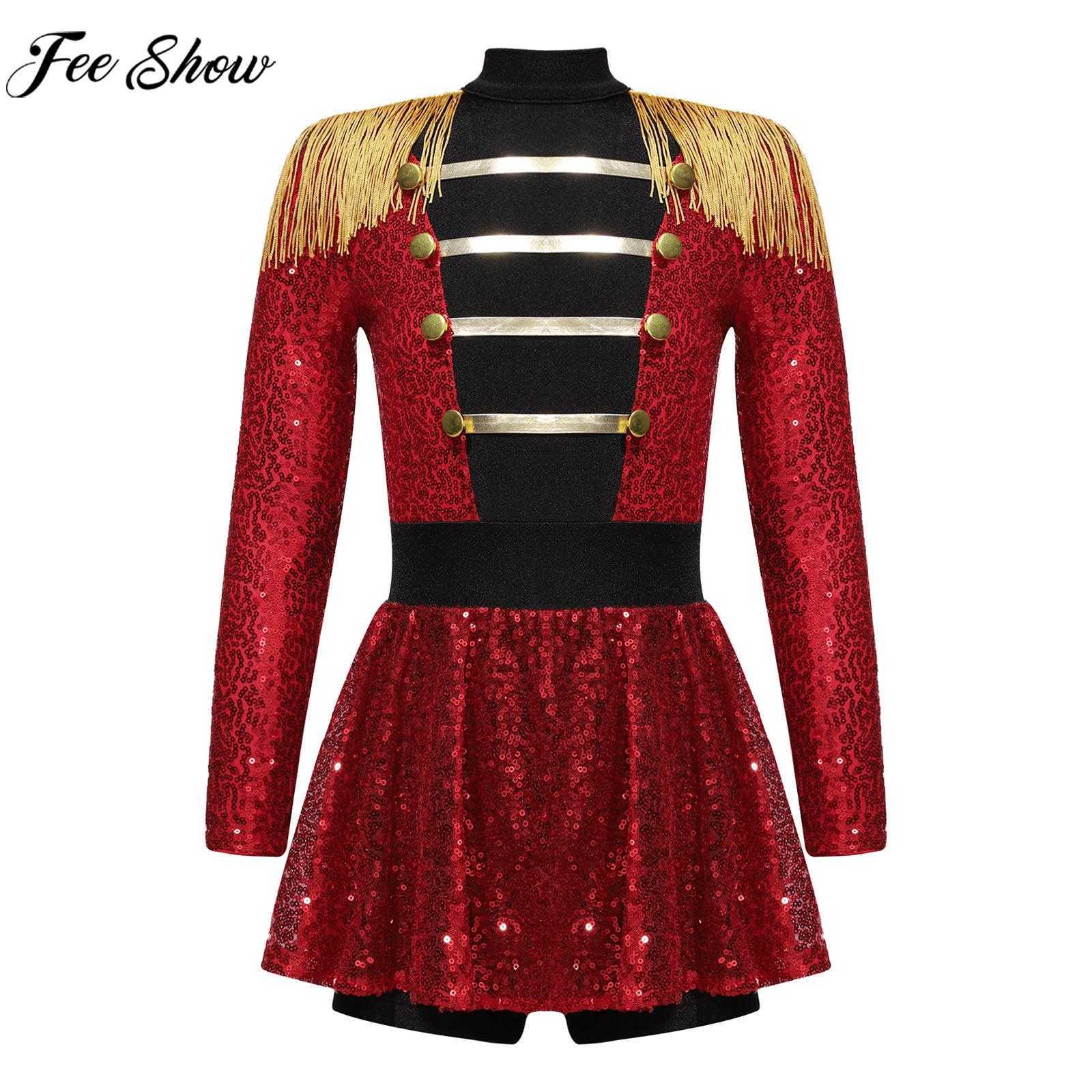 6-16Y Girls Circus Ringmaster Cosplay Costume Tassel Shiny Sequins Leotard Dress Halloween Theme Party Carnival Roleplay Clothes