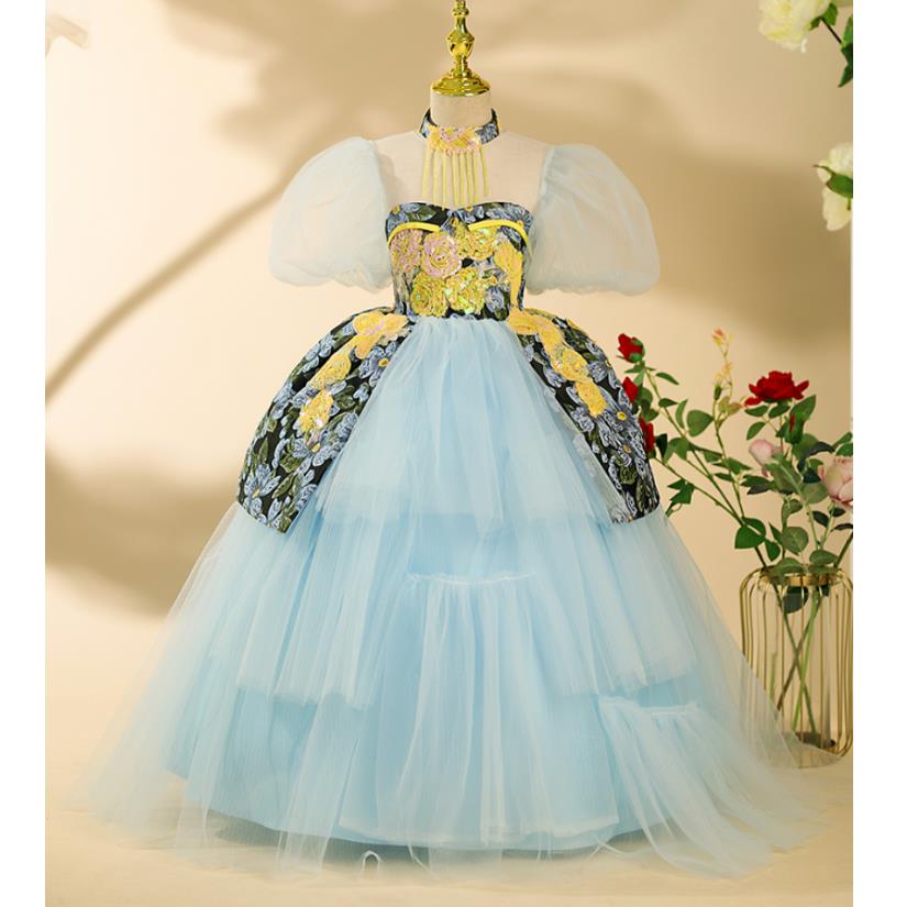High-End Children's Prom Evening Gown Sequins Print Design Kids Catwalk Birthday Party Wedding Girl's Princess Dress A