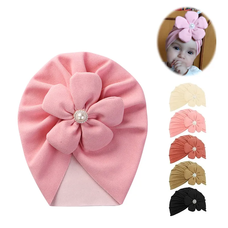 Cute Flower Baby Headband Soft Solid Color Baby Girl Turban Hat Toddler Headwraps Newborn Beanie Cap Infant Kids Headwear