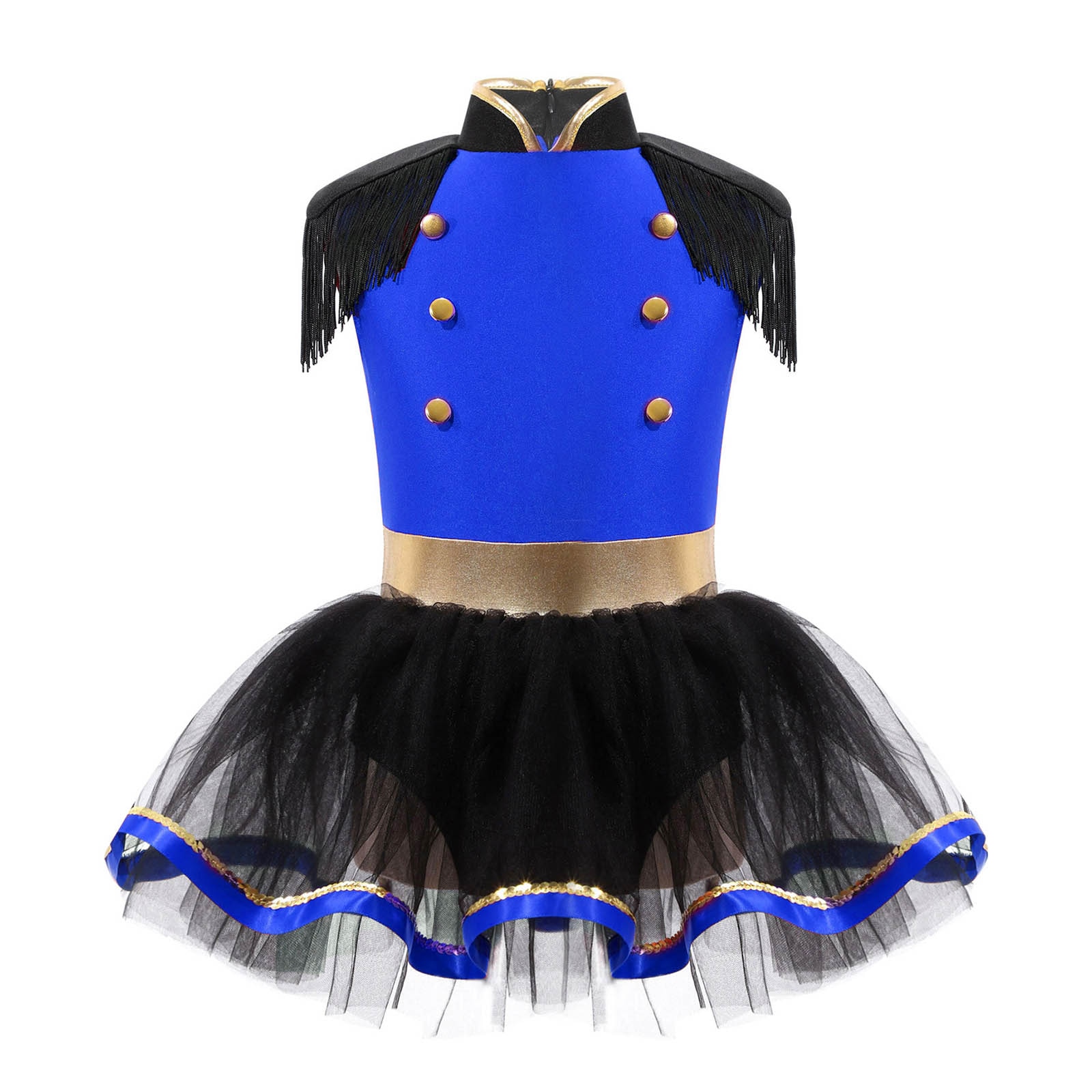 Kids Girls Drum Major Costume Marching Band Performance Halloween Theme Party Cosplay Sleeveless Tassels Mesh Tutu Dress Leotard