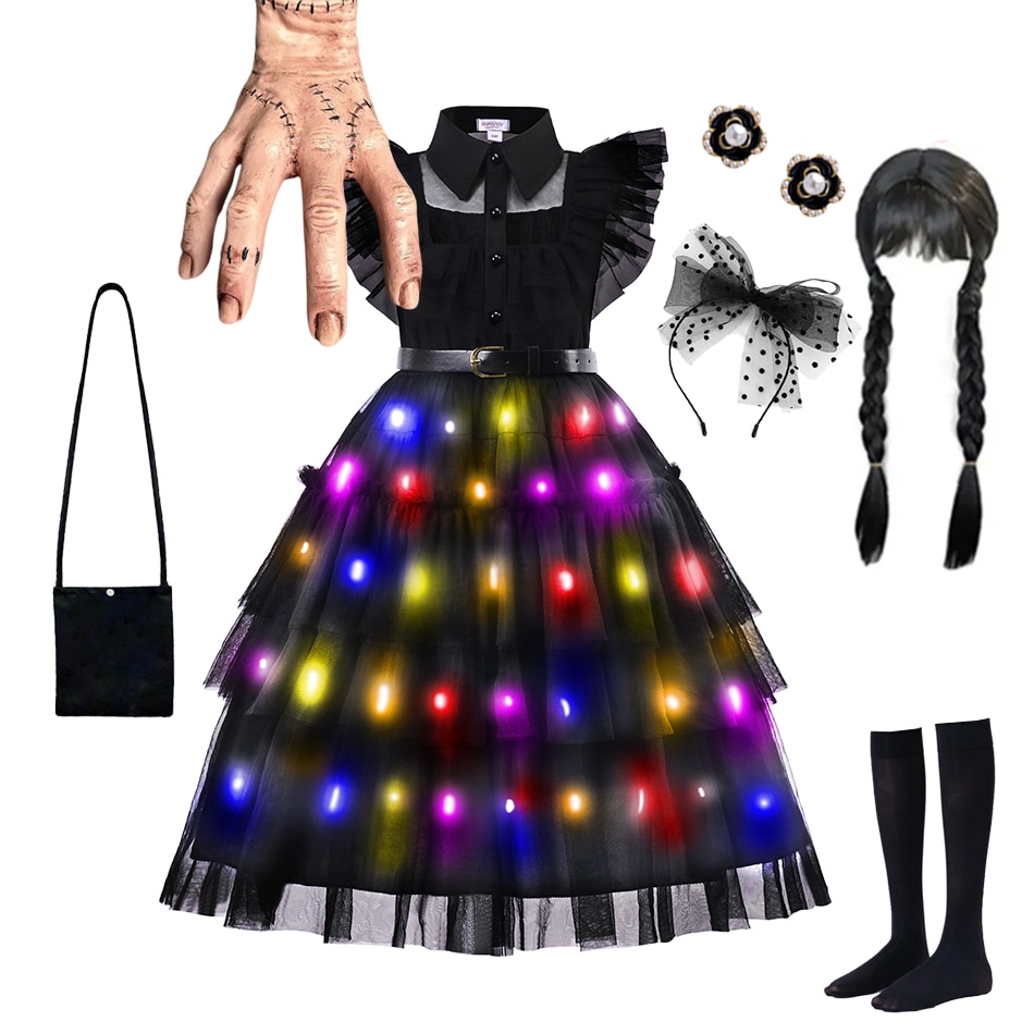 Girls Wednesday Addams Cosplay Costumes Kids Black Mesh Gothic Dresses Carnival Halloween Party Clothing Children Vestidos