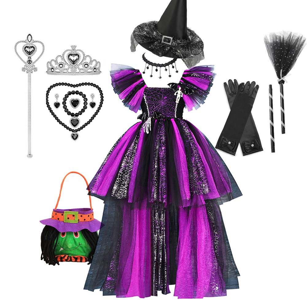 Halloween Costume For Kids Girl High Low Witch Cosplay Dress Fancy Dress Up Carnival Party Shiny Princess Dresses With Hat Broom